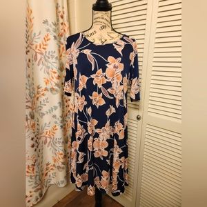 SJS Casual Floral Women's Dress Navy Blue Sz Large Mid-Length 3/4 Sleeves